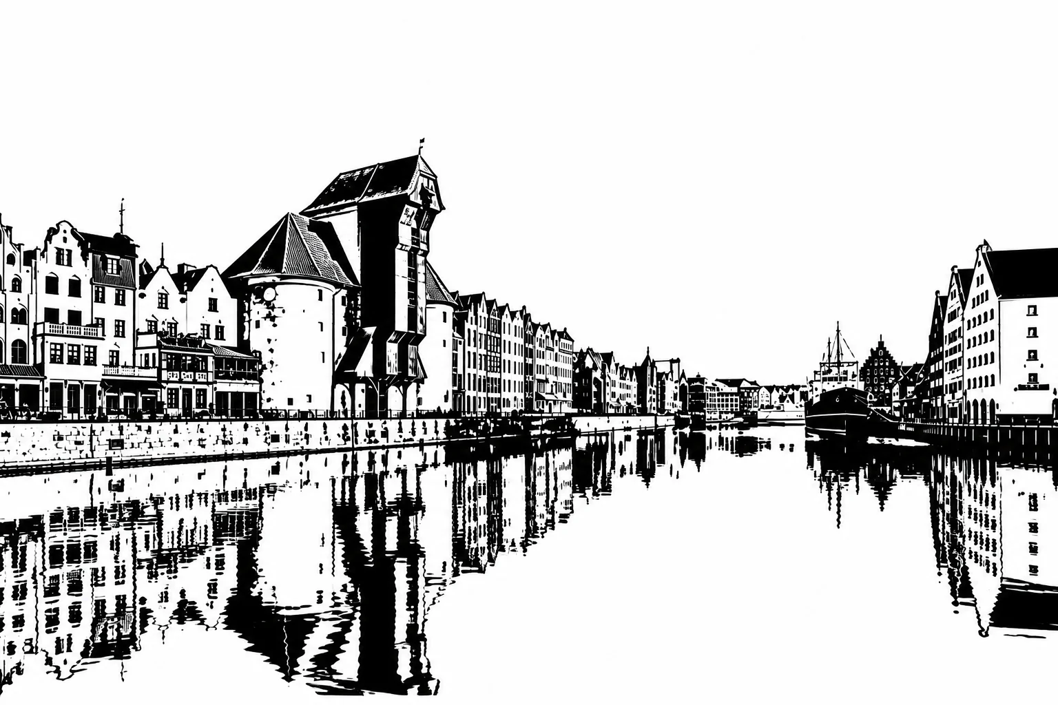 Gdańsk Black & White Plaque – Motława Waterfront and Medieval Crane